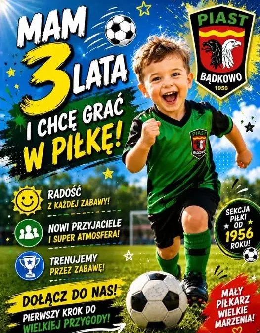 Piast Bądkowo zaprasza dzieci na bezpłatne treningi piłkarskie