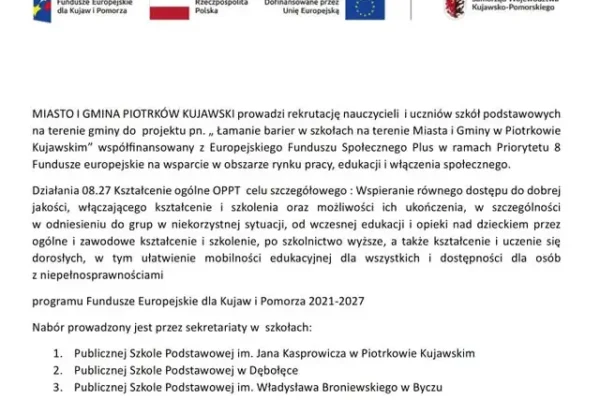 Rekrutacja do projektu „Łamanie barier w szkołach” w gminie Piotrków Kujawski