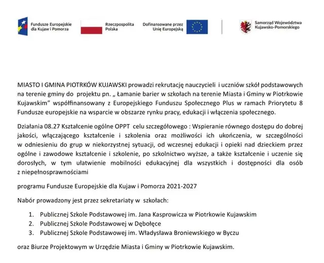 Rekrutacja do projektu „Łamanie barier w szkołach” w gminie Piotrków Kujawski