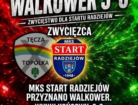 Walkower dla Startu Radziejów — mecz z Tęczą Topólka odwołany